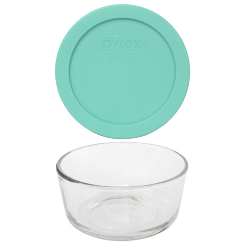 Pyrex (2) 7200 2-Cup Glass Food Storage Bowls and (2) 7200-PC Sea Glass Blue Plastic Lids, Green