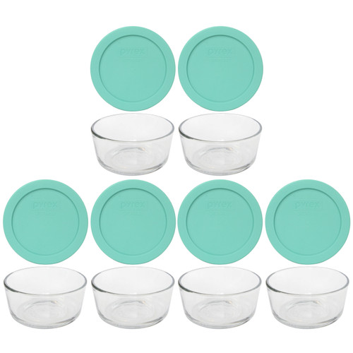 Pyrex (2) 7200 2-Cup Glass Food Storage Bowls and (2) 7200-PC Sea Glass Blue Plastic Lids, Green