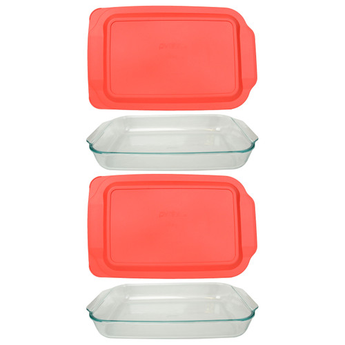 Pyrex (4) 232 2-Quart Rectangle Glass Baking Dishes & (4) 232-PC Red  Plastic Lid Covers