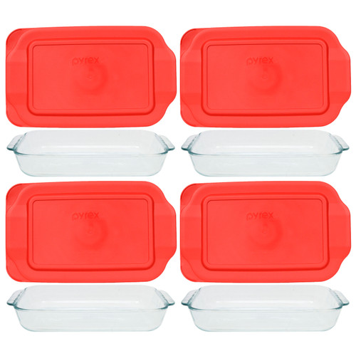 Pyrex (4) 232 2-Quart Rectangle Glass Baking Dishes & (4) 232-PC Red  Plastic Lid Covers