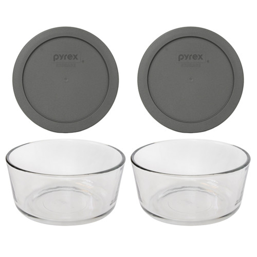 Pyrex (2) 7201 4-Cup Glass Bowls & (2) 7201-PC White Lids 