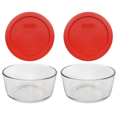 Pyrex (4) 7201 4-Cup Glass Storage Bowls and (4) 7201-PC Poppy Red Plastic Lids, Clear