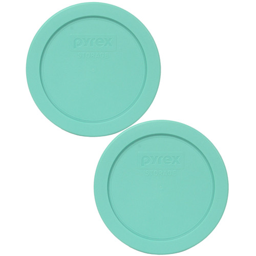 Pyrex (2) 7200 2-Cup Glass Food Storage Bowls and (2) 7200-PC Sea Glass Blue Plastic Lids, Green