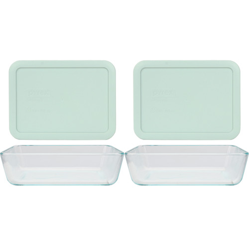 Pyrex (4) 7210 3-Cup Glass Storage Dishes and (4) 7210-PC Muddy Aqua Plastic Lids, Blue