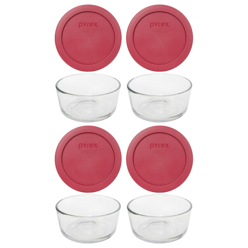 Pyrex Simply Store 7200 2-Cup Glass Storage Bowl and 7200-PC 2-Cup Berry Red Lid Cover (2-Pack)