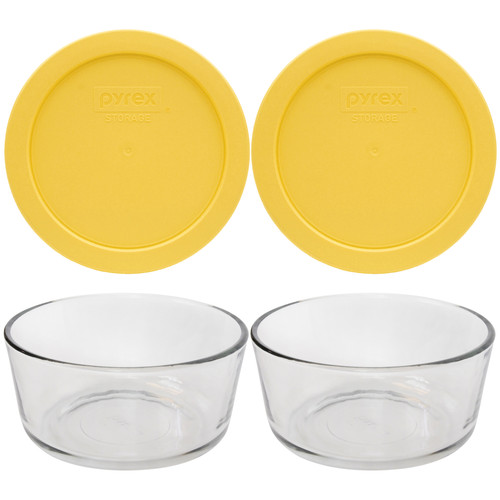 Pyrex 7201 4-Cup Round Glass Food Storage Bowl with 7201-PC Yolk Yellow Plastic Lid Cover (2-Pack)