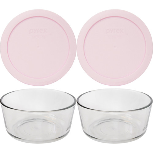 Pyrex 7201 4-Cup Glass Storage Bowls w/ 7201-PC Loring Pink Plastic Lid Covers