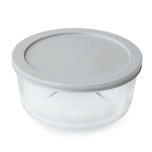 Pyrex 7201 4-Cup Round Glass Food Storage Bowl w/ 7201-PC Jet Gray Lid Cover