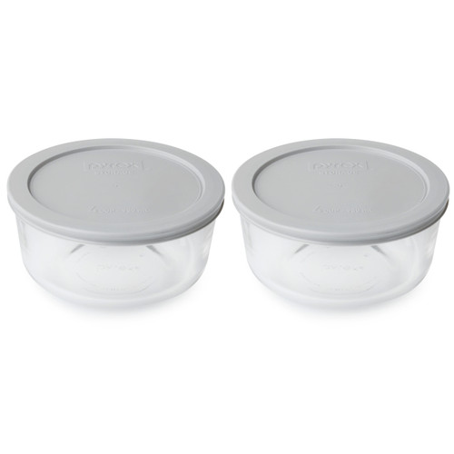 Pyrex Storage 4 Cup Round Dish, Clear with Blue Lid, Pack of 4 Containers