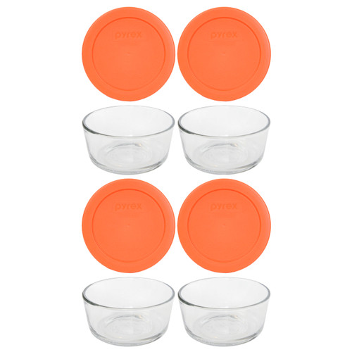 Pyrex (6) 7200 2 Cup Glass Dishes & (6) Pyrex 7200-PC 2 Cup Orange Lids