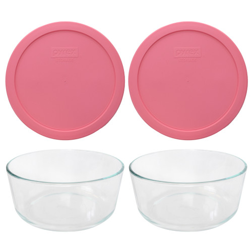 Pyrex (4) 7203 7-Cup Glass Bowls & (4) 7402-PC Retro Pink Pantone Lids -  Made in the USA