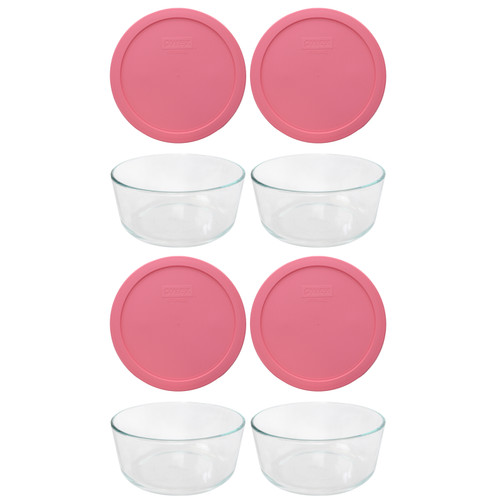 Pyrex (4) 7203 7-Cup Glass Bowls & (4) 7402-PC Retro Pink Pantone Lids -  Made in the USA