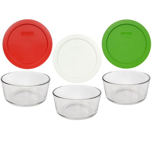 Pyrex (3) 7201 4-Cup Glass Bowls & Holiday Themed Red, White, & Green Lid