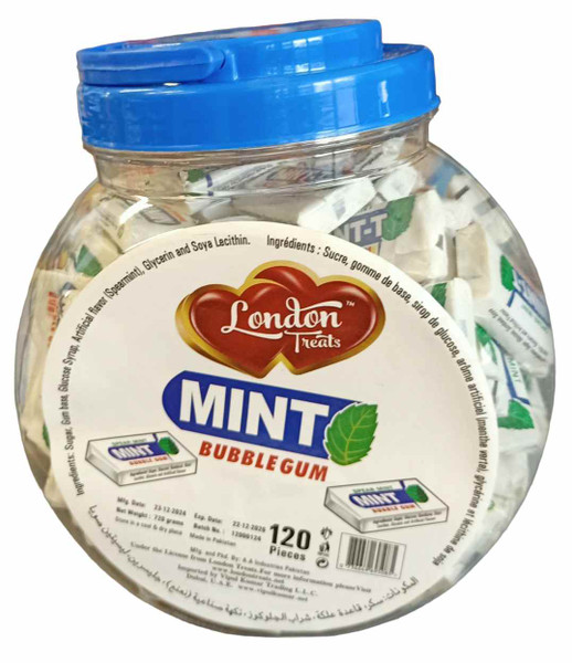 LONDON TREATS MINT BUBBLE GUM  ( 120 X 6G ) JAR