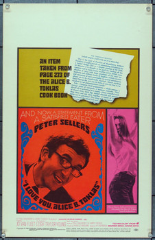 I LOVE YOU, ALICE B. TOKLAS! (1968) 19132  Movie Poster  Peter Sellers  Jo Van Fleet  Leigh Taylor-Young  Hy Averback Original Warner Brothers Window Card (14x22). Very fine condition.
