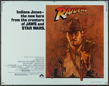 RAIDERS OF THE LOST ARK (1981) 884   Harrison Ford  Karen Allen  Paul Freeman   Denholm Elliot Steven Spielberg  Art by Richard Amsel Original Paramount Pictures Half Sheet Poster (22x28).  Unfolded.  Very Fine Condition.