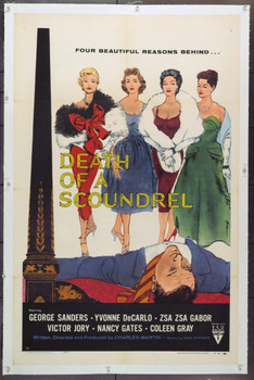 DEATH OF A SCOUNDREL (1956) 22034 Movie Poster (27x41) Linen-Backed  Fine Plus  George Sanders  Yvonne DeCarlo  Zsa Zsa Gabor  Victor Jory  Nancy Gates  Coleen Gray   Charles Martin Original U.S. One-Sheet Poster (27x41)  Linen Backed  Very Fine Condition