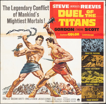 DUEL OF THE TITANS (1961) 17441  Movie Poster  Six Sheet  (81x81) Steve Reeves  Gordon Scott  Virna Lisi  Sergio Corbucci	 Original U.S. Six-Sheet Poster (81x81)  Average Used Condition  Folded