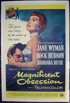 MAGNIFICENT OBSESSION (1954) 16591 Original Movie Poster (27x41)  Rock Hudson   Jane Wyman   Directed byDouglas Sirk    Art by Roy Besser Original Universal Pictures One-Sheet Poster (27x41). Linen-Backed. Very Fine Condition.