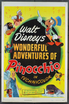 PINOCCHIO (1940) 21355 Original Walt Disney Productions 1945 Re-Release One Sheet Poster (27x41).  Folded.  Very Fine Plus.