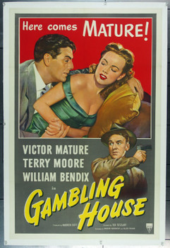 GAMBLING HOUSE (1950) 5259 Movie Poster (27x41)  Linen-Backed  Victor Mature  Terry Moore   William Bendix Original RKO One-Sheet Poster (27x41) Linen-Backed.  Very Fine