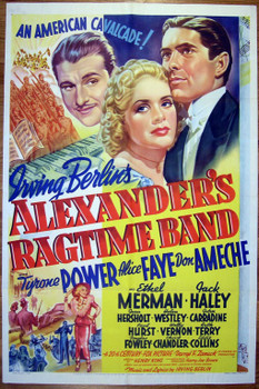 ALEXANDER'S RAGTIME BAND (1938) Movie Poster (27x41) Unbacked  Tyrone Power  Alice Faye  Don Ameche  Henry King Original 20th Century-Fox Style A One Sheet Poster (27x41).  Folded.  Very Fine.