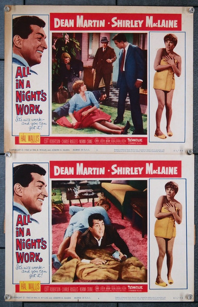 ALL IN A NIGHT'S WORK (1960) 27019 Paramount Pictures Original Scene Lobby Cards (Two 11x14 cards)  Average Used Condition