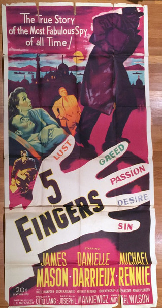 5 FINGERS (1952) 13315 20th Century Fox Original U.S. Three-Sheet Poster (41x81) Theater Used  Average Good Condition