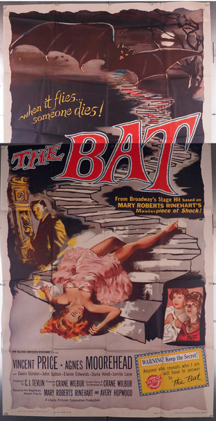 BAT, THE (1959) 9740 Movie Poster  Vincent Price  Agnes Moorehead  John Sutton  Crane Wilbur        Allied Artists Original U.S. Three Sheet Poster (41x81) Folded  Fine Plus to Very Fine