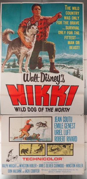 NIKKI, WILD DOG OF THE NORTH (1961) 12876  James Oliver Curwood and MALAMUTE DOG Movie Poster Original U.S. Three-Sheet Poster (41x81)  Theater-Used  Average Used Condition