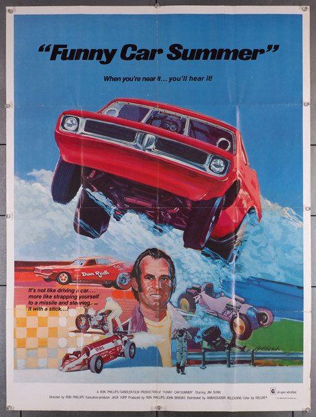 FUNNY CAR SUMMER (1974) 674   Jim Dunn Auto Racing Film Poster  Glen Edwards Art Original Ambassador Releasing 30x40 Poster Folded Average Used Condition  Very Good