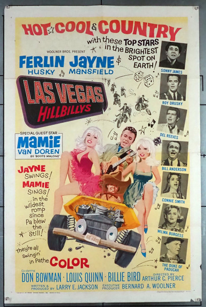 LAS VEGAS HILLBILLYS (1966) 11104  Movie Poster  Country Music Stars  and  Jayne Mansfield   Mamie Van Doren   Woolner Brothers Original One Sheet (27x41) Folded.  Good Condition  Average Used