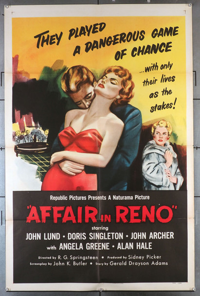 AFFAIR IN RENO (1957) 2149 Original Republic Pictures One Sheet Poster (27x41).  Folded.  Fine to Fine Plus Condition  John Lund   Doris Singleton   R.G. Springsteen