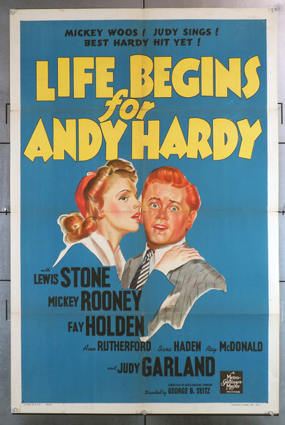 LIFE BEGINS FOR ANDY HARDY (1941) 29858  Movie Poster from MGM  Mickey Rooney  Judy Garland   George B. Seitz Original U.S. One-Sheet Poster (27x41) Folded  Fine Condition