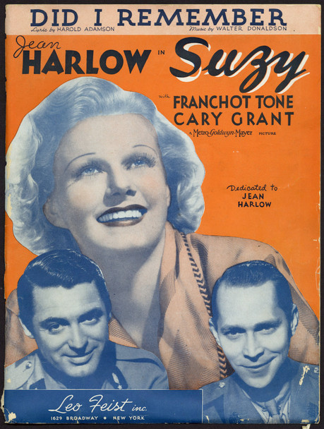 SUZY (1936) D30093  Sheet Music "Did I Remember" Jean Harlow  Cary Grant  Franchot Tone   Sheet Music Published by Leo Feist 1936  Average Used Condition