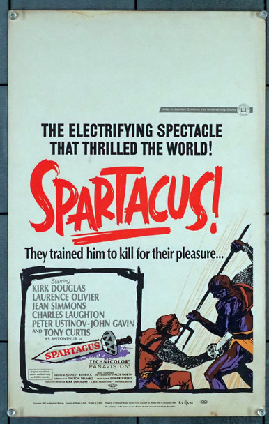 SPARTACUS (1960) 30123  Movie Poster  (14x22)  Re-release of 1967  Kirk Douglas   Stanley Kubrick Original U.S. Window Card  Re-release of 1967  Theater-Used  Very Good Plus Condition