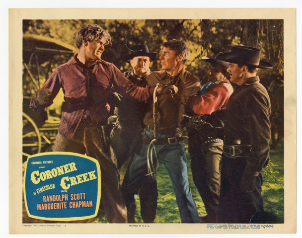 CORONER CREEK (1948) 30199  Movie Poster  Two Lobby Cards (11x14)  Randolph Scott  George Macready  Marguerite Chapman  Ray Enright Two Original U.S. Lobby Cards  (11x14)  Very Fine
