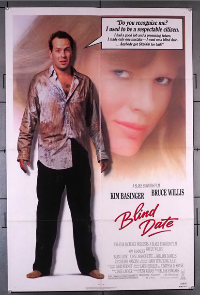 BLIND DATE (1987) 30762  Movie Poster (27x41)  Blake Edwards   Bruce Willis   Kim Basinger Blake Edwards Original TriStar Pictures One-Sheet Poster (27x41).  Folded.  Very Fine Condition.