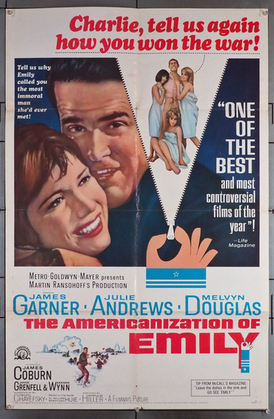 AMERICANIZATION OF EMILY, THE (1964) 17289 Movie Poster (27x41)  Julie Andrews  James Garner  Melvyn Douglas  James Coburn  Arthur Hiller Original U.S. One-Sheet Poster (27x41) Folded  Average Used Condition