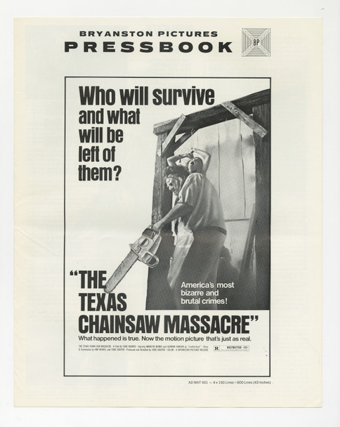 TEXAS CHAINSAW MASSACRE, THE (1974) 5949  Original Bryanston Pictures Pressbook  Tobe Hooper Original U.S. Pressbook   Very Fine Plus Condition   Never Folded