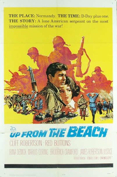 UP FROM THE BEACH (1965) 2240 Movie Poster  (27x41)  Cliff Robertson  Irina Demick  Red Buttons  Slim PIckens  Broderick Crawford  Marius Goring  James Robertson Justice  Robert Parrish Original 20th Century-Fox One Sheet Poster (27x41).  Folded.  Very good condition.