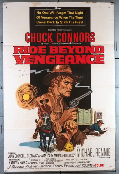 RIDE BEYOND VENGEANCE (1966) 2241 Movie Poster  (27x41) Chuck Connors  Michael Rennie  Gary Merrill  Gloria Grahame  Bernard McEveety Original Columbia Pictures One Sheet Poster (27x41).  Folded. Theater-worn  Good Condition