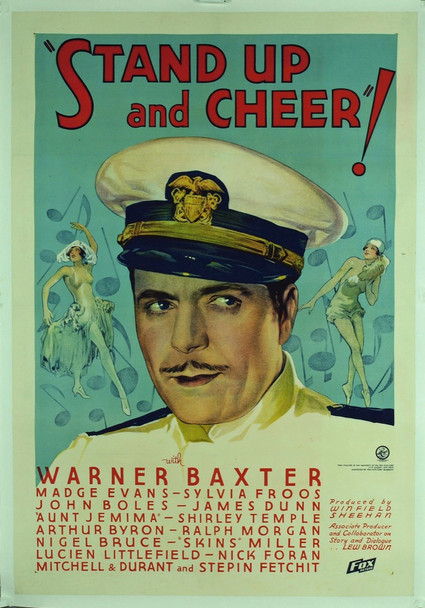 STAND UP AND CHEER! (1934) 6193  Stone Lithograph Movie Poster (27x41) Shirley Temple  Warner Baxter  Madge Evans Original Fox Film Corporation One-Sheet Poster (27x41). Royal Theater Collection. Art by Russell Patterson.. Linen-Backed. Very Fine To Near Mint Condition.
