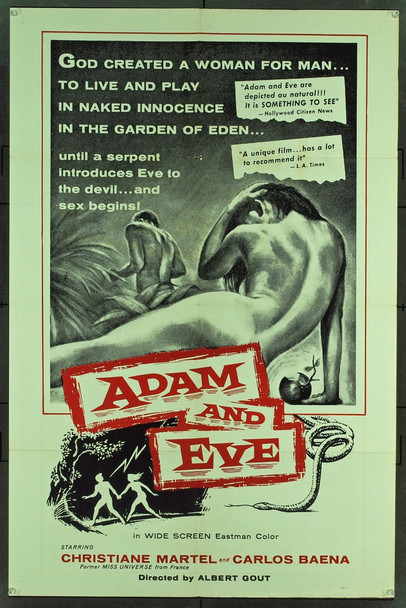 ADAN Y EVA (1956) 10668  Movie Poster U.S. One-Sheet "ADAM AND EVE"  Sexploitation  Christiane Martel  Carlos Baena  Alberto Gout Original William A. Horne 1958 One Sheet Poster (27x41).  Folded.  Fine Condition.