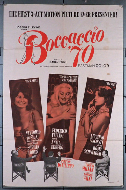 BOCCACCIO '70 (1962) 10959  Movie Poster  Federico Fellini  Vittorio De Sica  Luchino Visconti  Carlo Ponti Original Embassy Pictures One Sheet Poster (27x41). Folded.  Fine Plus Condition.