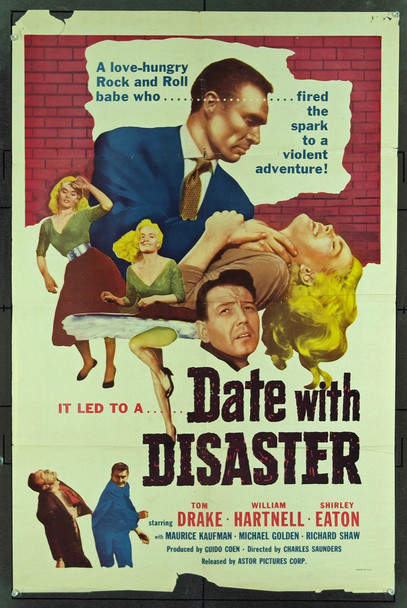 DATE WITH DISASTER (1957) 11046  Movie Poster (27x41)  Shirley Eaaton  Tom Drake  Charles Saunders Original Astor Pictures One Sheet Poster (27x41). FAIR Condition Only  Folded