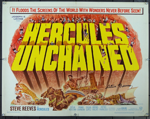 HERCULES UNCHAINED (1959) 12807 Movie Poster (22x28)  Steve Reeves  Sylva Koscina  Pietro Francisci Original Warner Brothers Half Sheet Poster (22x28).  Signed by Steve Reeves.  Originally folded.  Fine Plus.