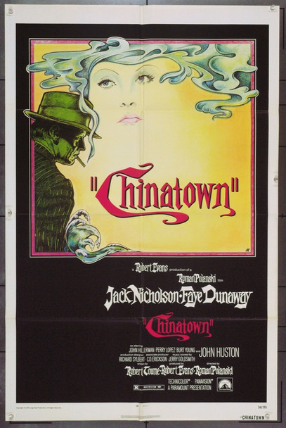 CHINATOWN (1974) 16245 Movie Poster  (27x41) Folded  Jack Nicholson  Faye Dunaway  Roman Polanski  Art by Jim Pearsall Original Paramount Pictures One Sheet Poster (27x41). Folded Very Fine.