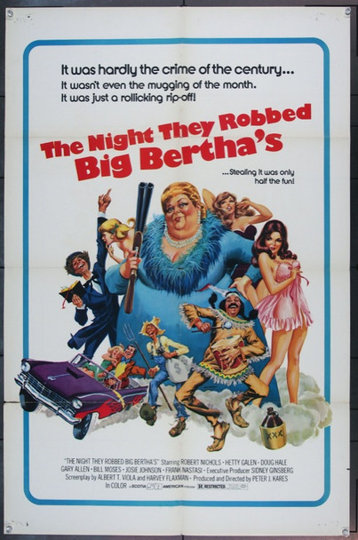 NIGHT THEY ROBBED BIG BERTHA'S, THE (1975) 2975 Movie Poster (27x41)  Hetty Galen  Robert Nichols  Doug Hale  Peter J. Kares  Art by Cardi Original Scotia American One Sheet Poster (27x41). Good condition.  Art by Cardi.