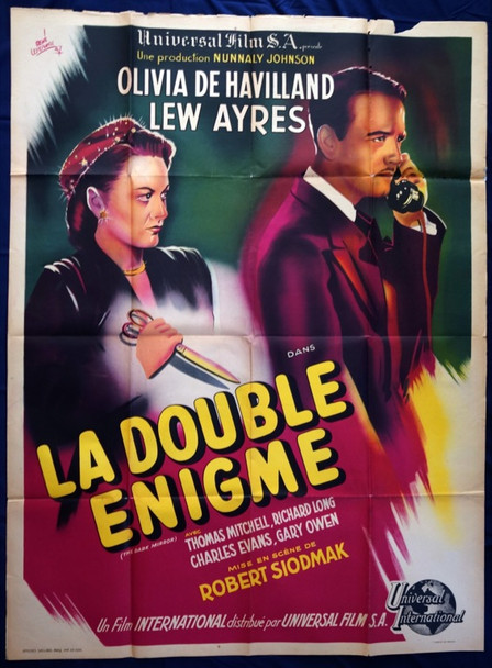 DARK MIRROR, THE (1946) 4756 Movie Poster (47x63) Olivia De Havilland  Lew Ayres  Robert Siodmak   Original French Poster (47x63).  Rene Lefebvre Artwork.  Folded.  Very Good To Fine Condition.  Film Noir